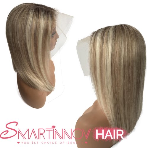 Smartinnov Blonde Balayage Human Hair Bob Wig 13x4 Lace Front HD Transparent Short Blunt Cut Bob Wigs 8 Inch Ash Brown to Bleached Blonde Highlight Pre Plucked with Baby Hair for Women