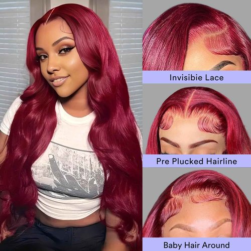 AYMMOLI 28 Inch 99j Burgundy Lace Front Wigs Human Hair 13x4 HD Red Burgundy Wig Human Hair 200 Density Wine Red Body Wave Lace Front Wigs Pre Plucked Glueless Frontal Wigs for Women