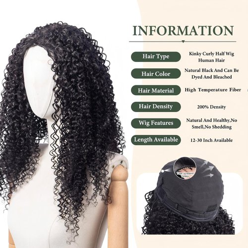 Prosa Kinky Curly Half Wig, 3-in-1 Synthetic Hair with Drawstring Headband, Clip-in Glueless Seamless Flip Over Design, Color 1B, for Women (18inch)
