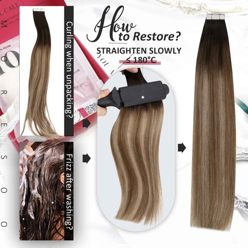 Moresoo Tape in Hair Extensions Real Human Hair Brown Hair Extensions Tape in Extensions Balayage Brown and Blonde Remy Glue in Extensions Straight Silky Hair 40Pcs 100g 18 Inch