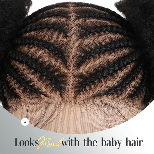 Fancy Hair Braided Wig With Afro Puff Hair HD Transparent 360 Full Lace Glueless Short Afro Wig with Baby Hair for Black Women