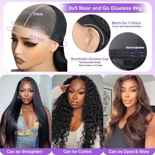 ONECHULY Wear and Go Glueless Wigs Human Hair pre cut HD lace 8x5 Body Wave Lace Front Wigs Human Hair Pre Plucked 180% Density 30 Seconds to Wear Glueless Wig for Beginners 24inch
