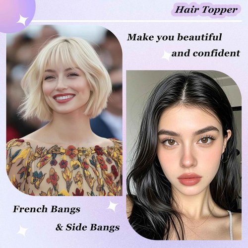 Hair Toppers for Women Real Human Hair， 360° 3D Cover Hair Topper Clip in Bangs 10 Inch Realistic Scalp Pieces for Women with Thinning Crown (Dark Brown, Side Bangs)