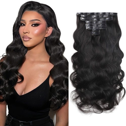 Caliee Body Wave Clip in Hair Extensions Human Hair 115G Natural Black 8 PCS PU Weft Body Wave Seamless Hair Extensions Clip ins for Black Women Soft Natural 20 Inch