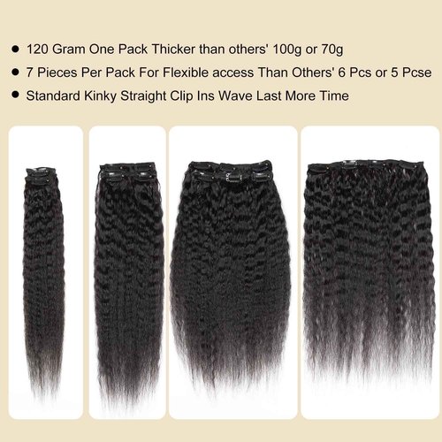 WZVHAIR Clip in Hair Extensions Kinky Straight Clip in Hair Extensions 100% Virgin Human Hair 7pcs with 16Clips 120g/set Natural Black Yaki Straight (Kinky Straight, 20 Inch)