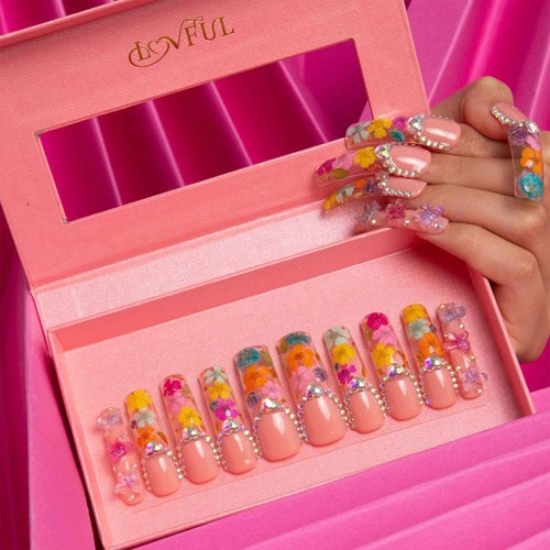 LOVFUL Press on Nails Flora | Handmade with Full Covered Crystals | Reusable Full Cover Nails | Curve Mid Length 1.7 in | H176-S