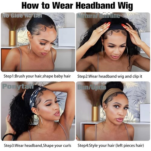 Prisyfab Curly Headband Wig Human Hair 20Inch Human Hair Headband Wig Glueless Wear and Go Human Hair Scarf None Lace Front Wigs 150% Density Natural Color