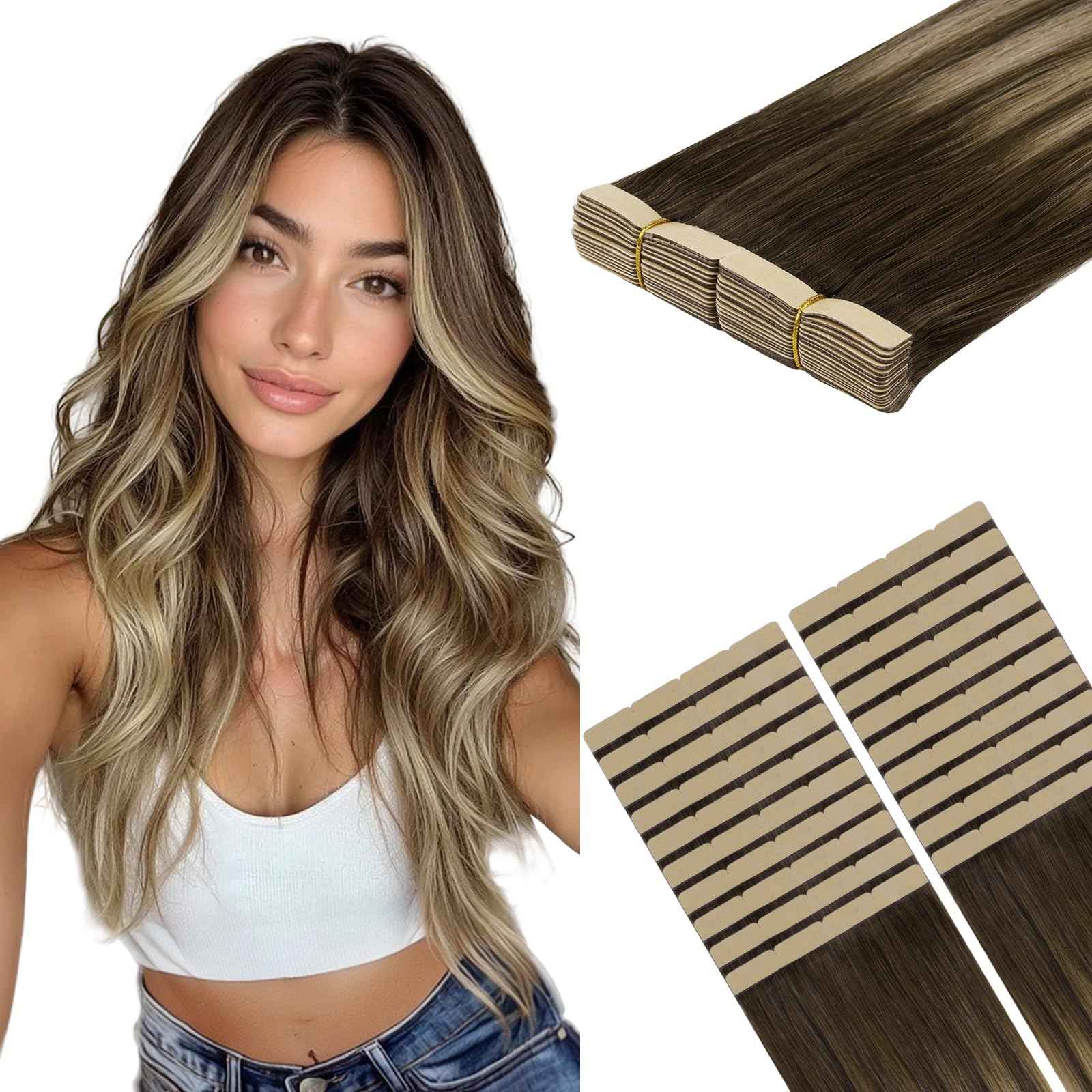 HOTBANANA Wide Tape in Hair Extensions Human Hair, DIY Cut Tape in weft hair extensions，20inch 100g 20pcs Chocolate Brown Mixed Caramel Blonde Balayage Straight Style