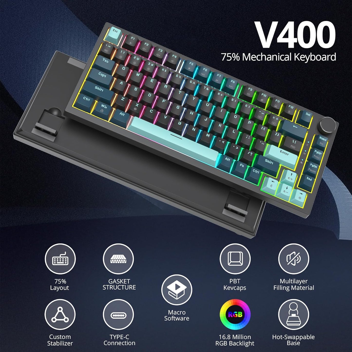 75% TKL Wired Mechanical Keyboard,RGB Backlit Gasket Mount 82 Key Hot Swappable Custom Linear Red Switch Gaming Keyboard with Volume Knob & PBT Keycaps (82 Shoko)