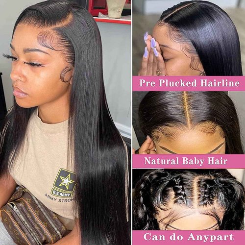 QWedafy Straight Lace Front Wigs Human Hair Pre Plucked 200 Density 13x4 HD Transpatent Human Hair Wigs for Black Women Straight Lace Frontal Wigs Natural Color (26inch)