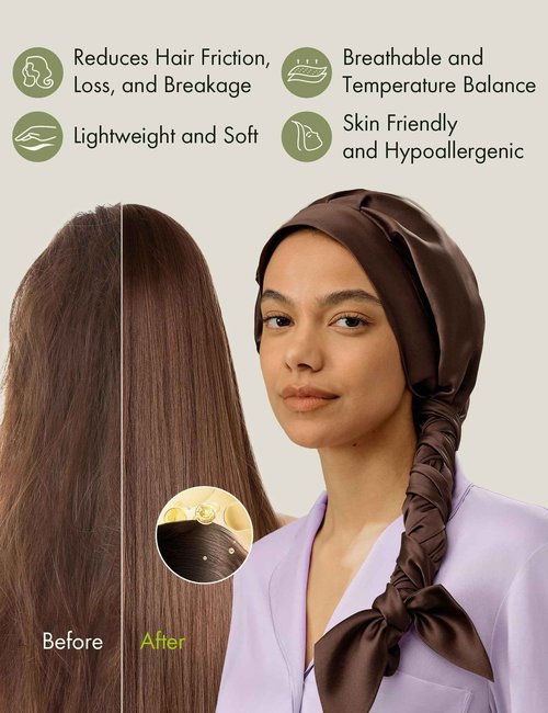 LilySilk 100% Mulberry Silk Sleep Cap Women Extra Long Tie Bow Silk Bonnet Night Hair Wrap Chocolate Brown