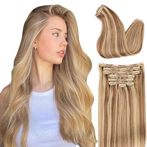 DIYOMO human hair clip in extensions Soft&Natural 120g 7pcs hair extensions real human hair clip insHair Straight&Invisible (18 Inch, 18/613)