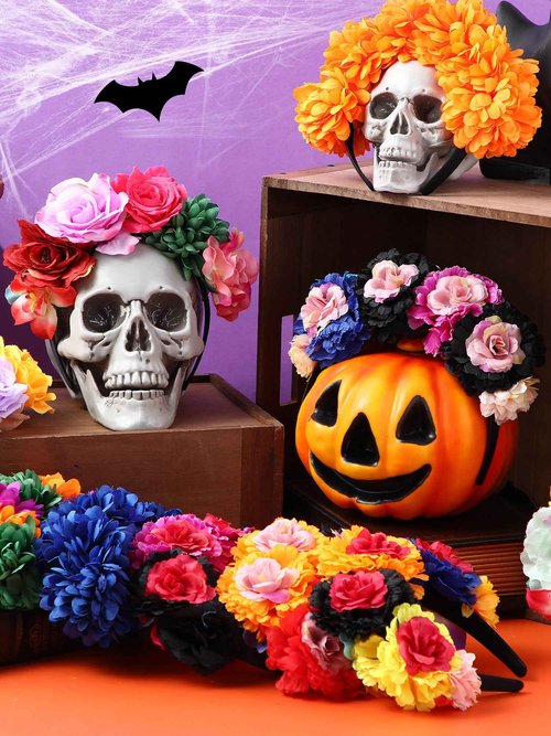 Zeyune Mexican Flower Headband Fiesta Rose Flower Crown Costume Mexican Headpiece for Women Party Cosplay Halloween(Mixed Color,16pcs)