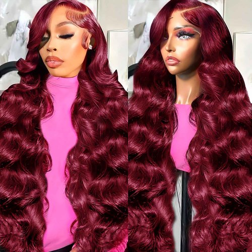 Lukymart 28 Inch 99J Burgundy Lace Front Wigs Human Hair 13x6 HD Transparent Body Wave Lace Front Wigs Pre Plucked 99j Burgundy Red Wine Glueless Human Hair Wigs for Women