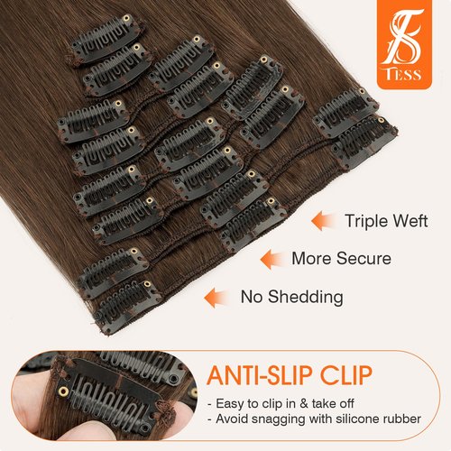 TESS Seamless Clip in Hair Extensions Human Hair Remy Clip ins Natural Soft Straight 8pcs 18Clips, 20 Inch, Dark Brown