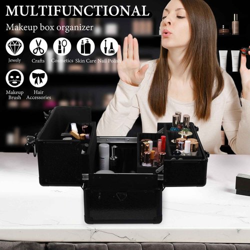 HAISKY Large Makeup Train Case Cosmetic Organizer Case Makeup Box Portable Make Up Artist Travel Case with 4 Trays with Dividers Lockable Hard Train Case Nail Tech Supply Storage - Starry Black