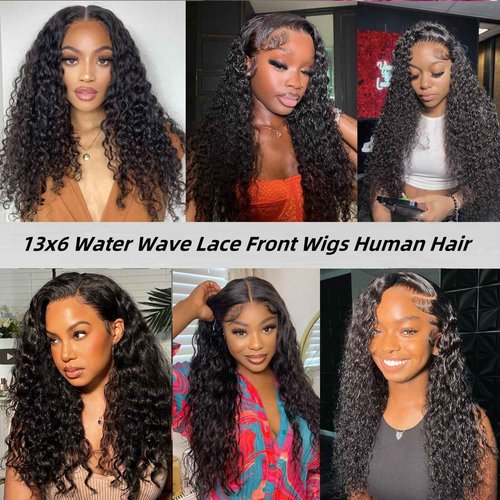 Caijuxing Water Wave Lace Front Wigs Human Hair 13x6 HD Lace Front Wigs Human Hair 200% Density (Natural Black- Water Wave Wig, 28 Inch)