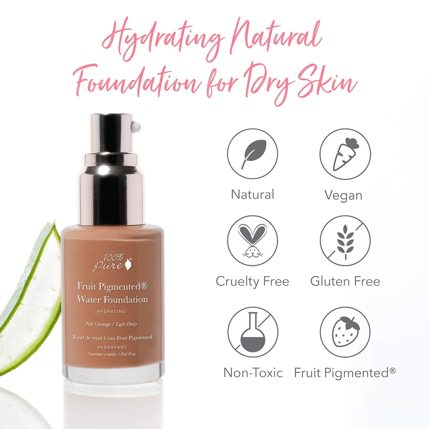 100% PURE Water Foundation Full Coverage Hydrating Makeup, Light Dewy Finish, Moisturizing Concealer for Normal to Dry Skin, Fruit Pigment Color Warm 6.0 w/Peachy Undertones for Tan Skin - 1 Fl Oz