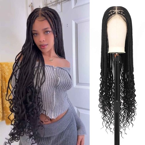 Fecihor 360° HD Full Lace Triangle Knotless Braided Wigs with Boho Curly Ends for Women Box Braid Wig with Baby Hair Premium Synthetic Black Braided Lace Front Wigs 36 Inch