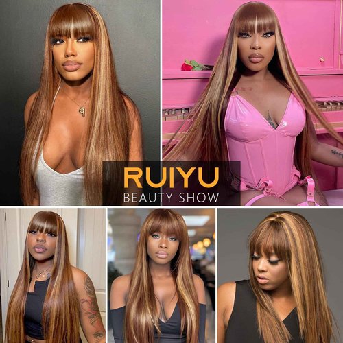 Ruiyu Ombre Highlight Human Hair Wigs with Bangs 2x4 HD Lace Front Brown Glueless Wig with Highlights Honey Blonde 4/27 Colored Straight Closure Wear and Go Brazilian Human Hair for Women 16 Inch