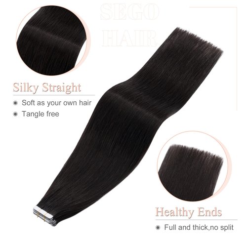 SEGO Tape in Hair Extensions Human Hair 18 Inch 100g 40pcs Natural Straight 100% Remy Rooted Seamless Skin Weft Invisible Double Sided Tape Hair for Women-Natural Black