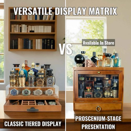 SeLuM Cologne Watch Organizer Walnut Brown – Wooden Perfume Display Stand with Jewelry Storage Drawer, Velvet Lining, Hidden Compartment – Large Cologne Holder – Gift Box Included