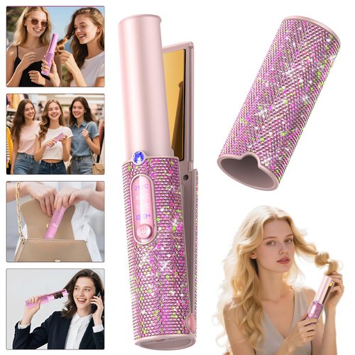 Feitenn Premium Diamond Cordless Hair Straightener Curler - Wireless Styling Iron for Travel,5000mAh Fast USB-C Charge, 3 Heat Settings, Quiet Frizz-Free Hair Care, Gift for Women (Pink)