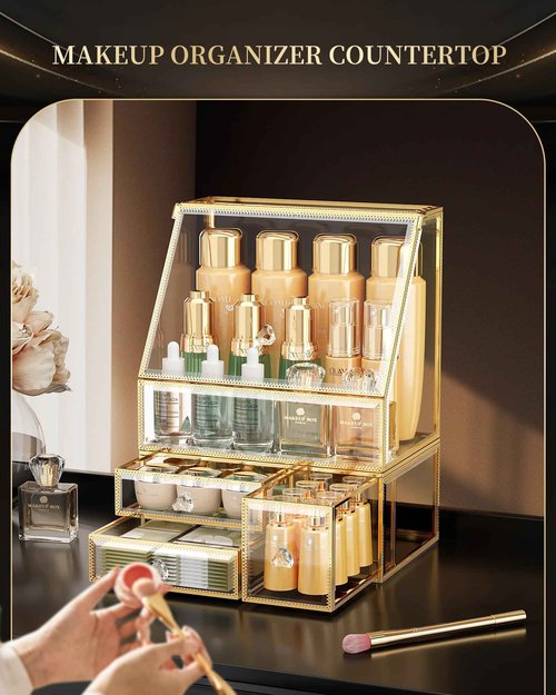 CoralHouse Makeup Organizer for Vanity, Clear Makeup Organizer with Drawer, Skincare Holder for Bathroom Countertop,Cosmetic Display Case for Dresser