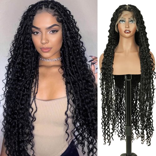 PHOCAS Boho Braid Wig 48'',Knotless Braided Wigs Natural Black,Curly Ended Double Full Lace Box Braids Wig for Women