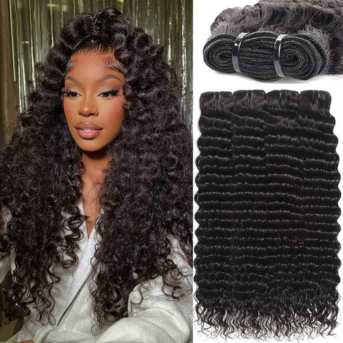 12A Indian Raw Bundles Human Hair 12 14 16 18 Inch Deep Wave Human Hair Bundles,100% Unprocessed Virgin Deals Real Human Hair Extensions,Natural Black Sew In Quick Weave Deep Wave Bundles for Women