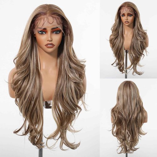Allbell 13x6 HD Lace Wigs Honey Blonde Synthetic Lace Front Wig Preplucked Hairline with Baby Hair 28inch Long Body Wave Lace Wigs for Women(Brown with Blonde Highlights)