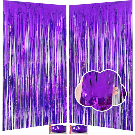 2 Pack Purple Tinsel Backdrop Party Decorations 3.3x8.2ft, Foil Fringe Curtains Door Streamers for Birthday Balloons Decor, Purple Backdrop for Wedding Baby Shower Graduation Christmas Halloween