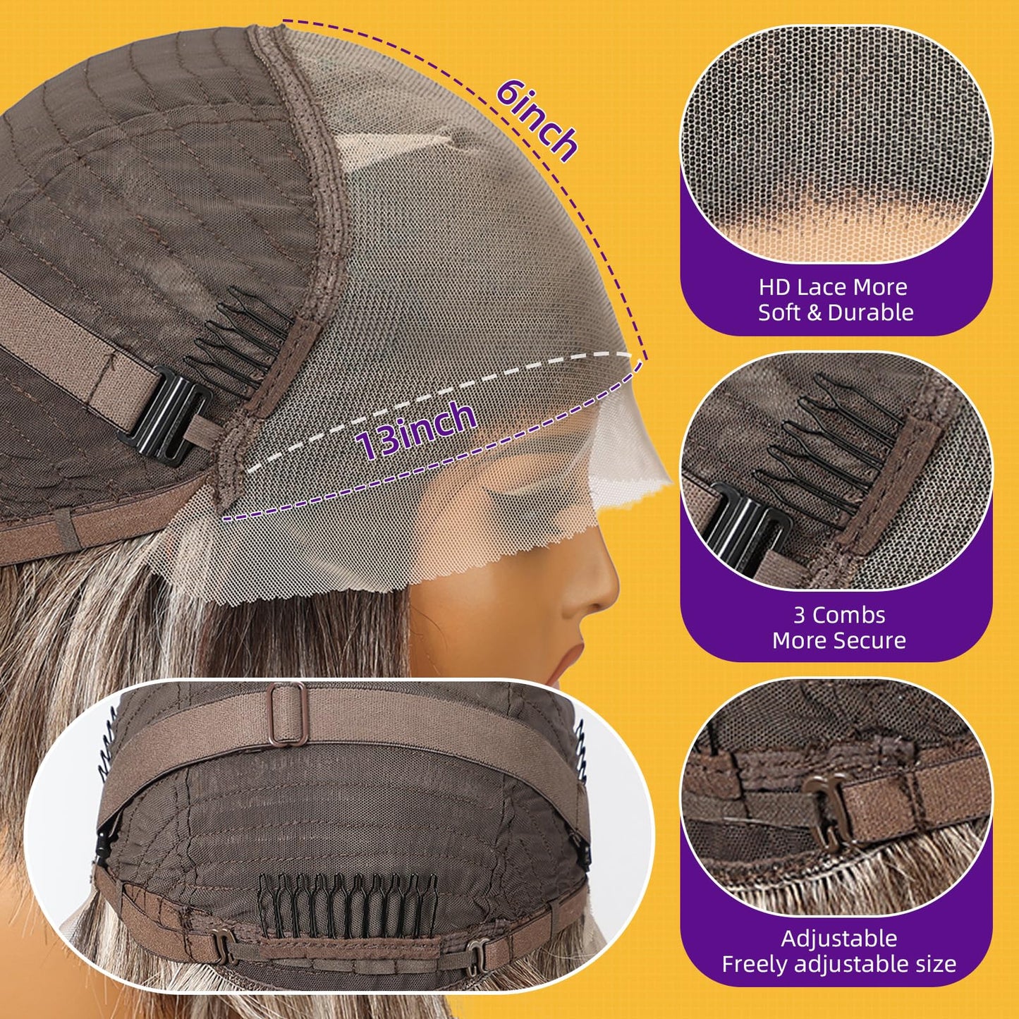 KOME Ash Blonde Highlight Synthetic Lace Front Wig,13×6 HD Short Straight Glueless Bob Wig for White Women Daily Use 12IN（#TT6/166）