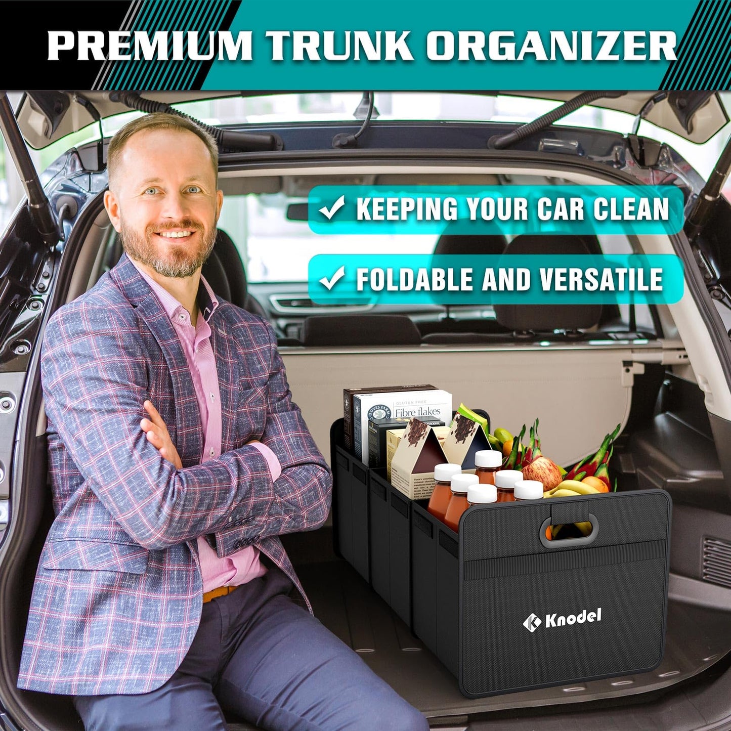 K KNODEL Car Trunk Organizer, Foldable Organizer for Car, Automotive Consoles & Organizers, 3 Compartments Storage with Reinforced Handles (Large, Black)