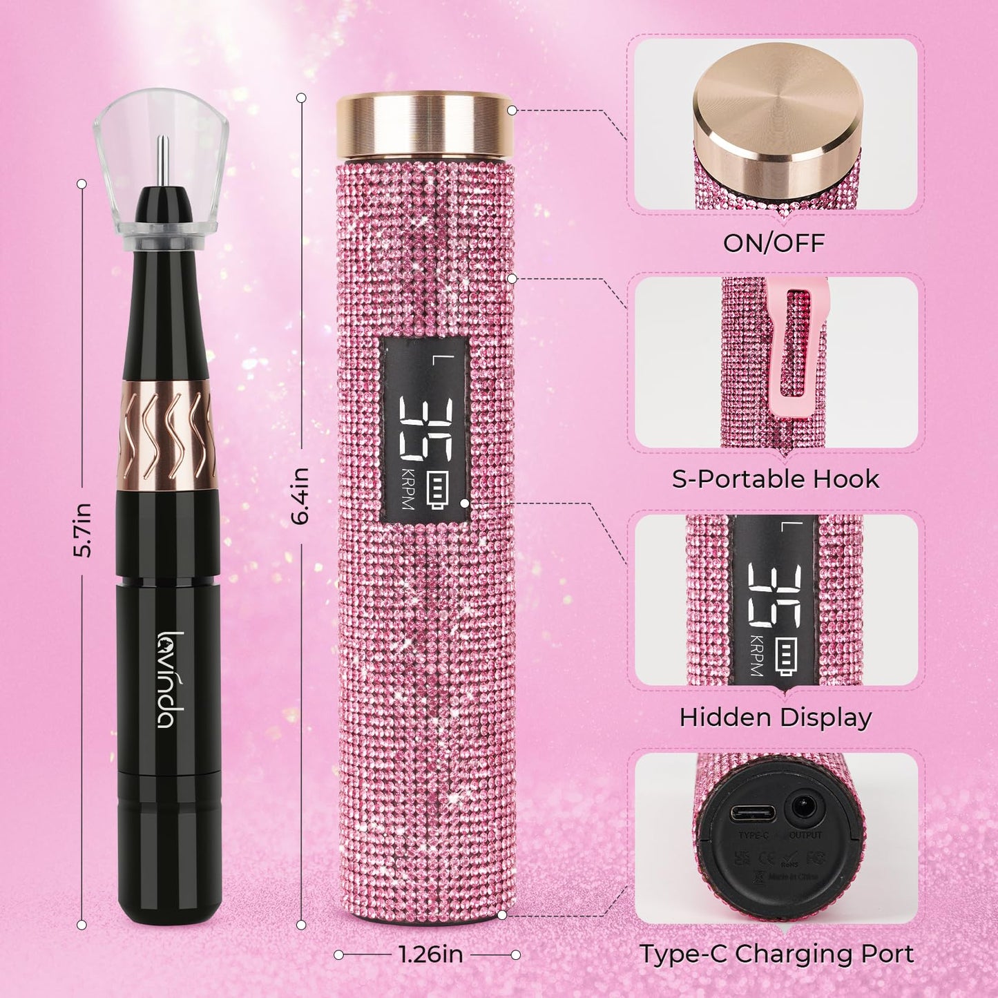 Lavinda Portable Nail Drill Electric File, 35000RPM Professional Rechargeable E-File Machine with Bits, Cordless Nail Drill Machine with Coreless Motor for Acrylic Nails, for Manicure Salon Home,Pink