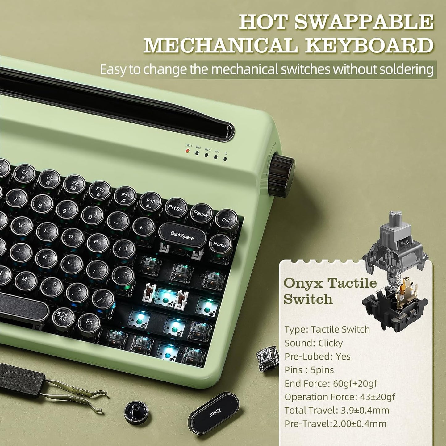 YUNZII QL75 Wireless Typewriter Hot Swap Retro Mechanical Keyboard,Punk Round Keycaps,RGB Backlit QMK/VIA Programmable,Multi-Device Keyboard with 2.4GHz/Type-C/BT5.0 (Pink, Cocoa Cream V2 Switch)