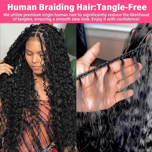 Human Braiding Hair for Boho Braids, 100 Percent Wet and Wavy Human Hair for Boho Knotless 12A Deep Wave Boho Human Braiding Hair Curly Hair Extensions 100g 2 Bundles Natural Color