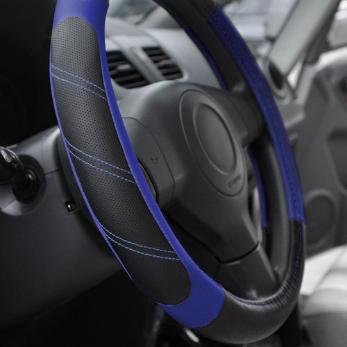 Elantrip Steering Wheel Cover Leather 14 1/2 to 15 inch Universal Padded Soft Grip Breathable for Car Truck SUV Jeep Anti Slip Blue and Black