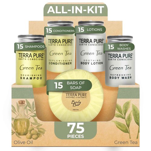Terra Pure Hotel Soaps and Toiletries Bulk Set | 1-Shoppe All-In-Kit Amenities for Hotels | 1oz Hotel Shampoo & Conditioner, Body Wash, Body Lotion & 1.25oz Bar Soap Travel Size Toiletries | 75 Pieces
