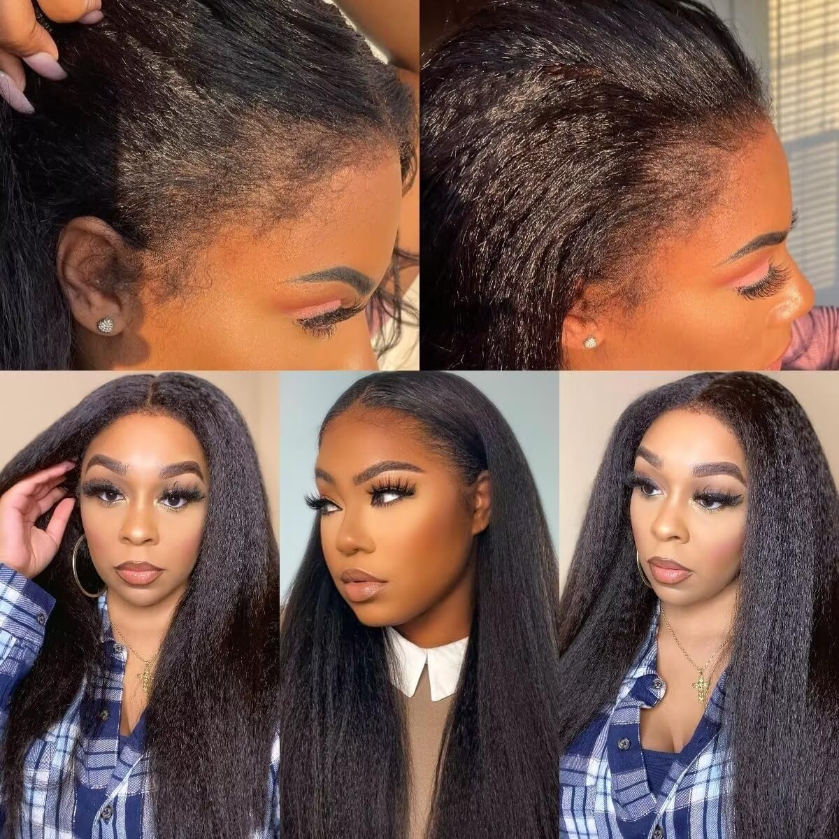 13X4 Lace Front Wig With Curly Edges Hairline 180% Density Kinky Straight Human Hair Wigs for Black Women Yaki Straight HD Lace Wig with Curly Baby Hair Glueless Wigs for Women Natural Black 20 Inch