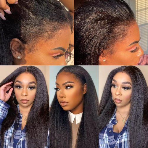 13X4 Lace Front Wig With Curly Edges Hairline 180% Density Kinky Straight Human Hair Wigs for Black Women Yaki Straight HD Lace Wig with Curly Baby Hair Glueless Wigs for Women Natural Black 18 Inch