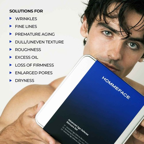 HOMMEFACE Men’s Advanced Age Defense 3-Piece Anti-Aging Skincare Set - Facial Serum, Eye Cream & Face Cream - Korean Skincare Technology with Volufiline, Ceramide, Hyaluronic Acid & Peptides