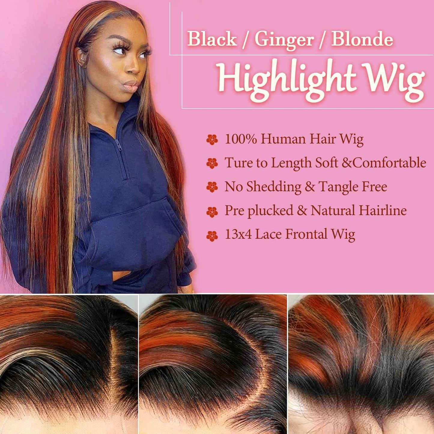 Ginger Blonde Highlight Lace Front Wigs Human Hair Skunk Stripe 13x4 Lace Frontal Wig Straight Black Ginger and Blonde Ombre Colored Wigs Glueluess Human Hair 18 Inch 180% Density Pre Plucked