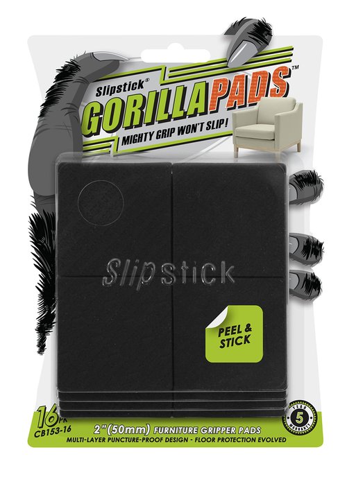Slipstick GorillaPads Non Slip Furniture Pads/Gripper Feet Floor Protectors (Set of 16) Premium 2 Inch Square Self Adhesive Rubber Pads for Furniture Legs, Black, CB153-16