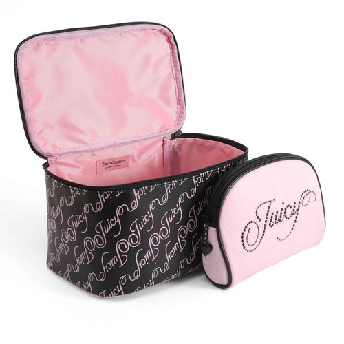Juicy Couture Black Pink Makeup Bag Cosmetics Organizer Travel Essentials Train Case Coin Purse Cursive Logo Rhinestone Velour