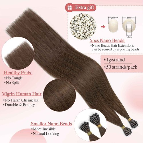 SEGO Pro 50pcs Nano Beads Hair Extensions Straight Nano Beads For Hair Pre-Bonded Seamless Nano Tip Real Human Hair，20Inch Dark Brown,50g