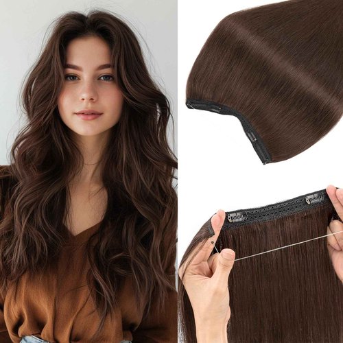 Rich Choices 100% Real Human Halo Hair Extensions for Women Remy Halo Extension Invisible Wire Hairpiece Clip in One Piece Hairpiece Upgrade Adds Weight 80g 16 Inch #02 Dark Brown