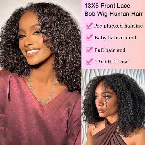 13x6 Bob Wig Human Hair Deep Curly Frontal Lace Wig Human Hair HD Transparent Lace Front Wigs Pre Plucked Lace Frontal Wigs Natural Black 16 Inch
