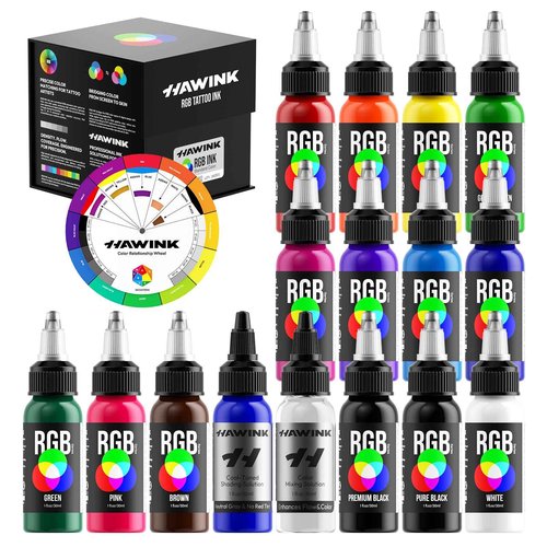 HAWINK Tattoo Ink Set 1OZ 14 Colors Ink and 2 Color Mixing Solution Upgraded Version Tattoo Supply TI205-30-16