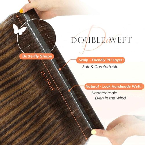OVO Butterfly Dual-Sided Weft Hair Extensions Human Hair Ombre Brown Highlight Seamless Invisible Weave,Beaded Flat Weft Extensions, Soft & Natural Real Human Hair Extensions